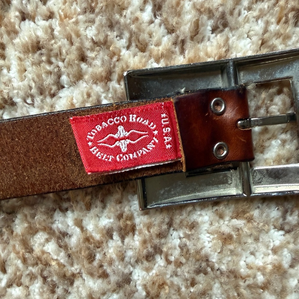 TOBACCO ROAD BELT CO. MADE IN U.S.A. Brown  GENUINE LEATHER BELT length 47”.